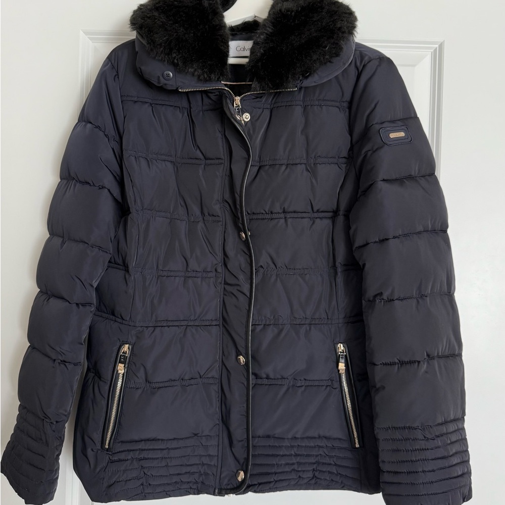 Calvin Klein Black Puffer Jacket with Faux Fur Trim
